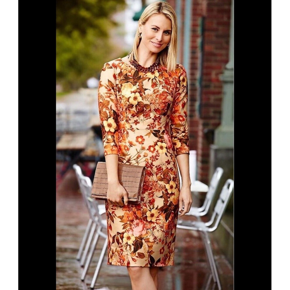 Talbots Floral Long Sleeve Sheath Dress in Cream and Orange